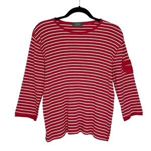 Lauren Ralph Lauren Red and White Striped Ribbed Pocket Sleeve Top size Large